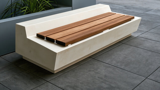 Modern outdoor bench featuring a minimalist architectural design, combining a clean light concrete frame with warm wooden slats, providing urban seating in a contemporary public space
