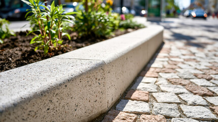 Obraz premium Urban landscape showing a concrete curb separating a patterned cobblestone sidewalk from a modern city street with blurred cars and green plants under bright daylight