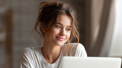Naklejka premium Candid close up of woman with laptop smiling slightly, natural light