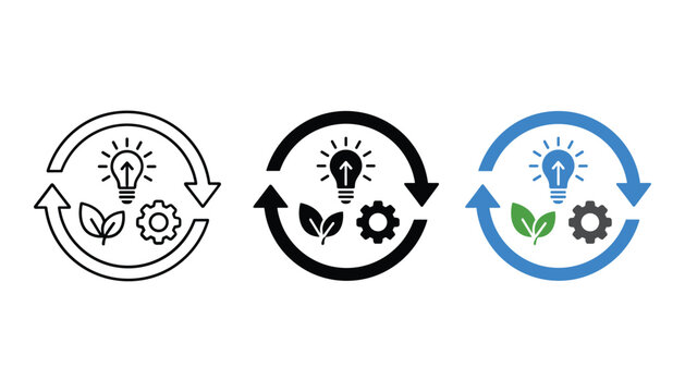 Sustainable innovation circular economy icon set illustrating environmental energy efficiency and technological process for green solutions vector graphic