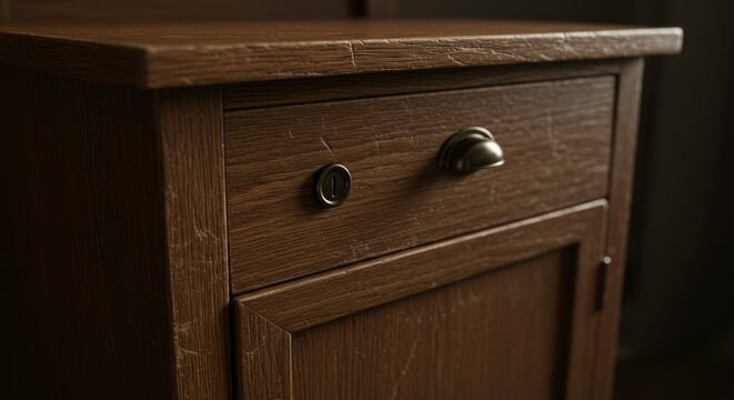 Brown wooden cabinet drawer closeup.