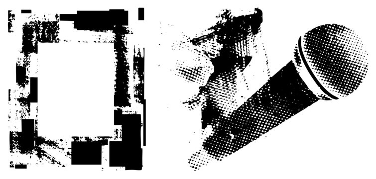 Vintage mic rendered in halftone dots, rough stencil vibe, shabby frame border think &ldquo;mic check&rdquo; or &ldquo;bullhorn&rdquo; for punk flyers. Scrappy, lo fi energy perfect for gig posters or streetwear prints.