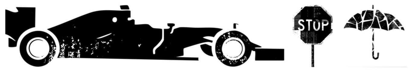 Fototapeta premium Race car, F1 sled, weather in gritty stencil style street art meets motorsport. Stop sign & umbrella add urban irony to high speed silhouette, ideal for edgy branding or apparel.
