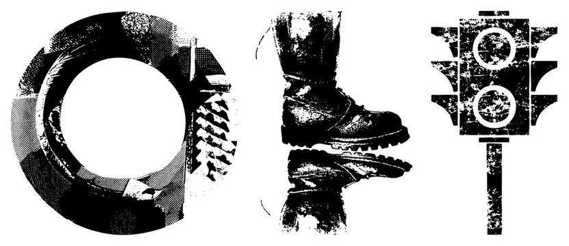 Rugged boot, tire tread, traffic gritty halftone style. &ldquo;Street grit,&rdquo; &ldquo;urban decay art,&rdquo; or &ldquo;punk stencil set.&rdquo; Ideal for edgy branding or streetwear.