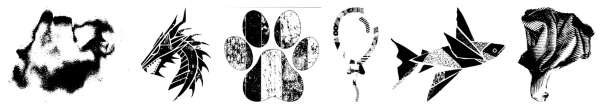 Edgy vector set with critters (wolfpaw, fishbone) in gritty halftone ideal for streetwear/punk. Fragmented shapes ink splatter vibes scream raw energy.