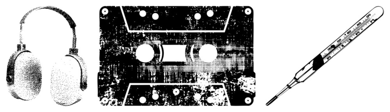 Retro cassette ("mixtape"/"cassie") in gritty halftone with headphones thermometer nostalgic, edgy collage. Ideal for vintage branding or music merch.