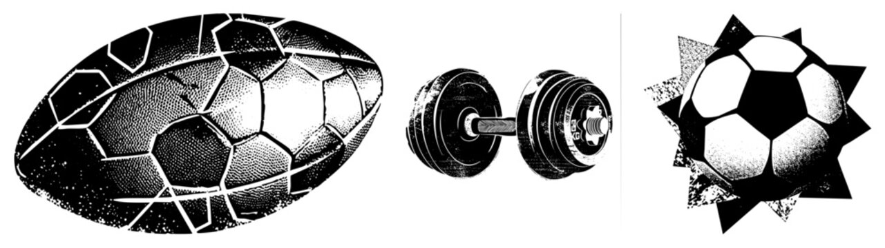 Rugby oval, football gear, gym weight, halftone texture gritty sports aesthetic. Blends athletic with raw print vibes. Call it gridiron egg or pitch pounder built for bold branding.
