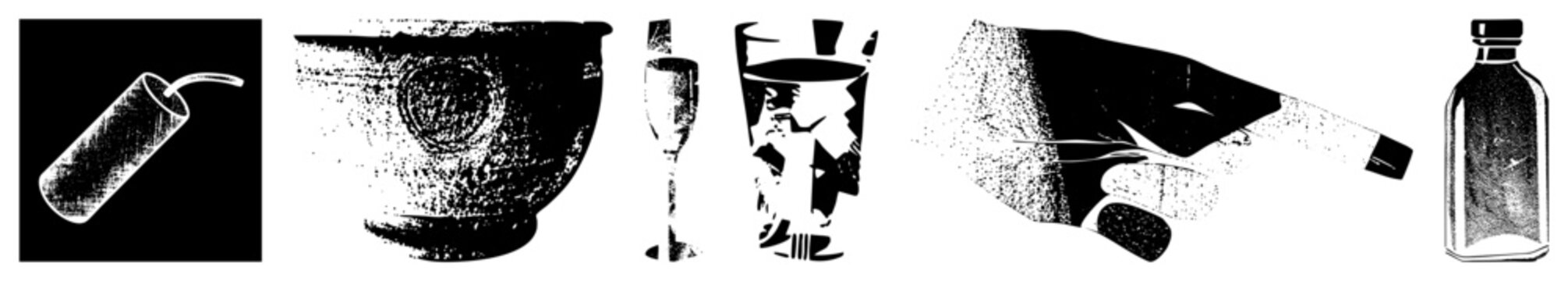 Gritty halftone bar tools shaker, bowl, glassware, bottle stark black on white. Ideal for vintage cocktail menus or speakeasy branding where &ldquo;drink hardware&rdquo; meets print shop grit.