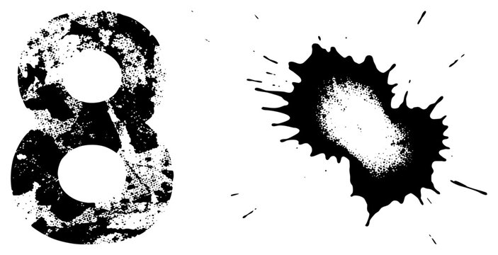 Rugged numeral eight styled like street art, often called "grit eight" or "splatter digit," paired with a chaotic ink blot resembling a graffiti tag gone wild perfect for edgy branding.