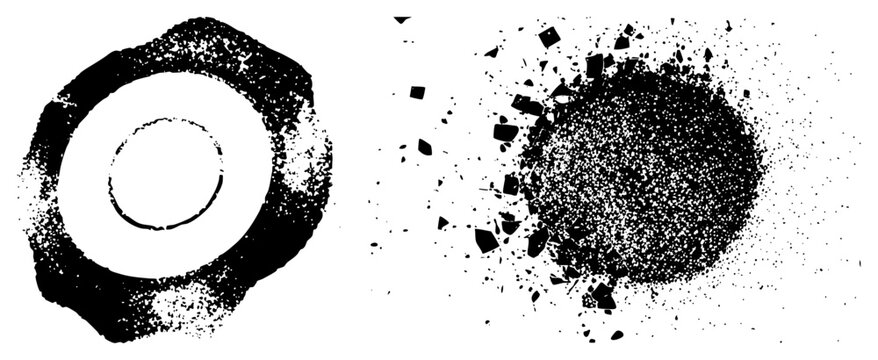 Raw stencil impact graphic broken ring, explosive scatter. &ldquo;Ink splatter smash&rdquo; or &ldquo;grunge wreck.&rdquo; Ideal for streetwear, band merch, punk branding. Gritty texture, high contrast black on clear screa
