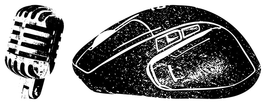 Retro mic w/ ribbed grille gamer mouse, gritty halftone &ldquo;vox box&rdquo; meets &ldquo;clicker.&rdquo; Punk tech duo for edgy branding or rebellious merch.