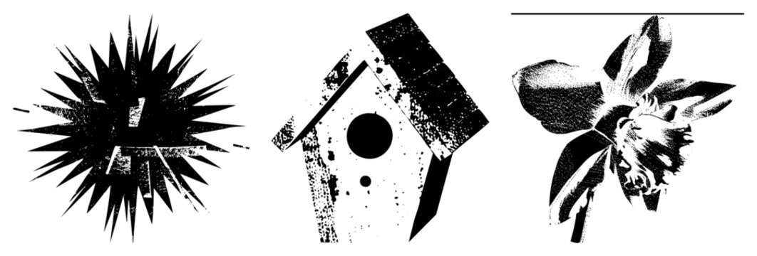 Three gritty halftone &ldquo;&rdquo;/&ldquo;&rdquo; radial, &ldquo;nestbox&rdquo; birdhouse, &ldquo;inkbloom&rdquo; flower all with raw screen print texture, ideal for edgy branding or streetwear.