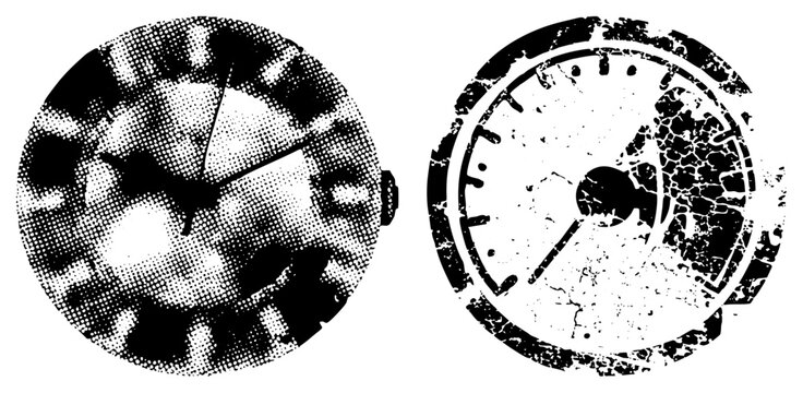 Grungy halftone timepieces with weathered ink, clock faces (ticker/dial), gauges (speedo/meter). Fragmented, decayed industrial look in stark black and white ideal for edgy branding or urban wear.