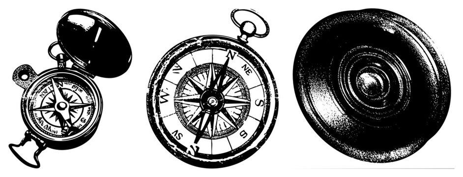 Classic pocket compass (mariner&rsquo;s eye/trail finder) in gritty halftone, worn edges. Trio open case, face, lid all distressed, relic style. Ideal for adventure branding or outdoor decor.