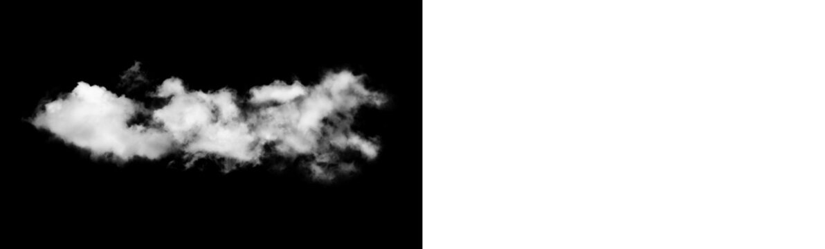Single white cloud isolated on black background, realistic cloud formation for design and compositing, fluffy cumulus cloud overlay isolated on transparent background