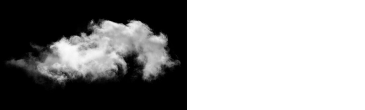 Single white cloud isolated on black background for design, composite, and sky replacement, high resolution fluffy cumulus cloud texture isolated on transparent background