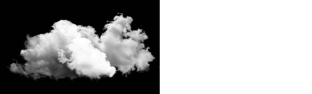 Fluffy white cloud isolated on black background, realistic cloud formation for sky compositing and digital design isolated on transparent background