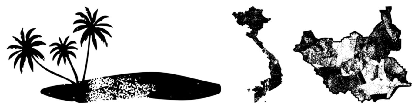 Tropical isle with coconut trees, map fragments, halftone texture. Known as &ldquo;palm atoll&rdquo; or &ldquo;beach speckle,&rdquo; this vector blends cartography and vacation vibes.