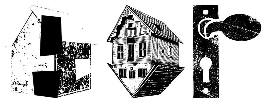 Warped, halftone &ldquo;wonky shack&rdquo; with splatter texture and keyhole motif surreal, off kilter, ideal for edgy branding or eerie posters.