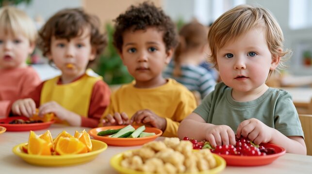 Diverse toddlers enjoying healthy snacks and fruits at a daycare table