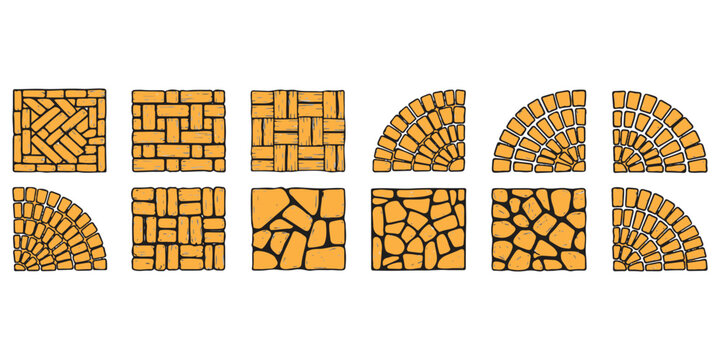 Set of various paving stone patterns and brick textures for garden walkway design