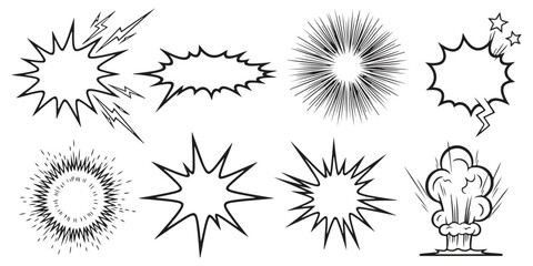 Set of hand drawn comic book style explosion effects and speech bubbles in black and white © md