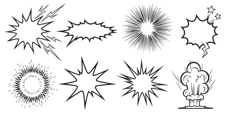 Set of hand drawn comic book style explosion effects and speech bubbles in black and white