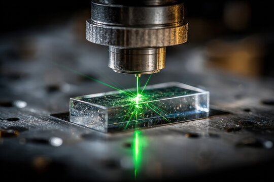 Precision laser processing of transparent material in industrial setti