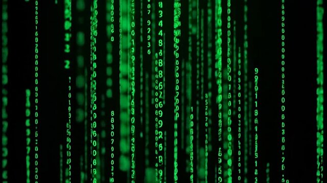 Green binary code on black background.