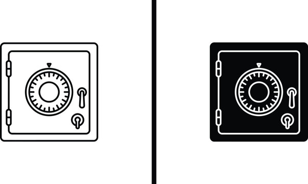 Bank safe box icon set, metal deposit security locker with combination lock vector illustration.