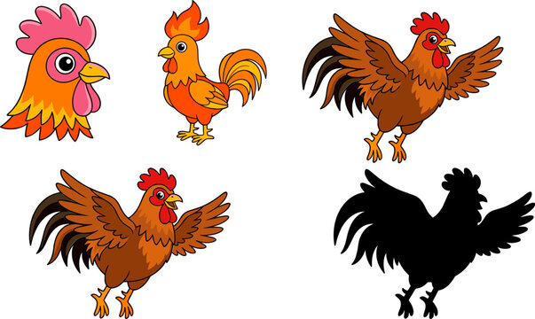 Set of Cartoon Rooster and Chicken Illustrations Featuring Colorful Characters in Various Poses Including Flying and Head Profile for Kids Education and Farming Graphic Designs