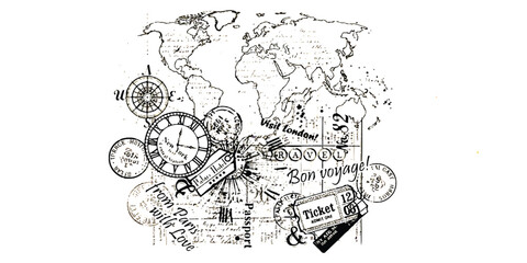 Obraz premium Vintage world map with travel stamps and clock design