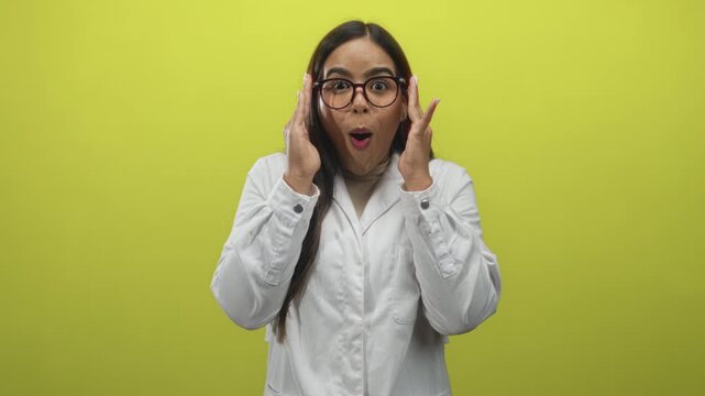 Young hispanic woman doctor holding glasses with hands to temples and open mouth in studio; surprise reaction.