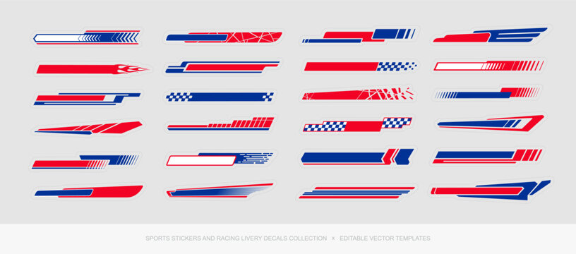 Racing stripes with checkered flag and racing dynamic  form banners for sport car livery decals and racing banner design, branding vehicle graphics - editable vector templates set