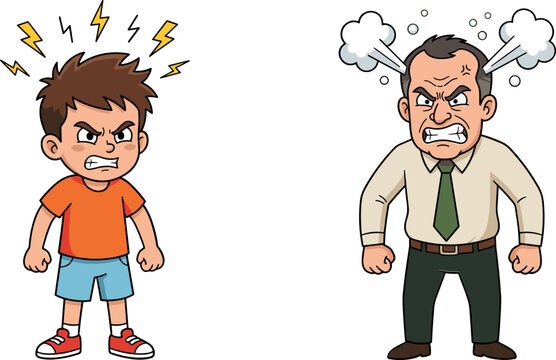 Angry Father and Son Cartoon Character Set Featuring Stressed Man with Steam and Grumpy Boy with Lightning Symbols for Conflict Resolution and Emotional Health Designs