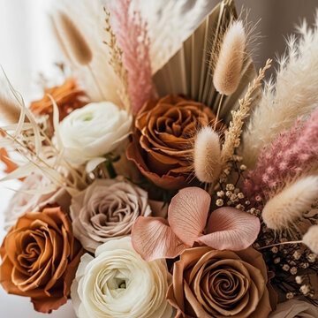 Close up of a boho floral bouquet with pampas grass and roses. Dried bohemian flower arrangement in warm autumn colors. Rustic wedding centerpiece decor with terracotta and white blooms