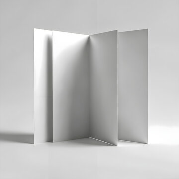A blank white brochure or booklet stands open on a clean surface, its pages casting soft shadows. This minimalist composition highlights the form and simplicity of the object.