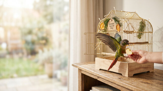 Colorful parrot eating treat from hand near cage in bright interior  
