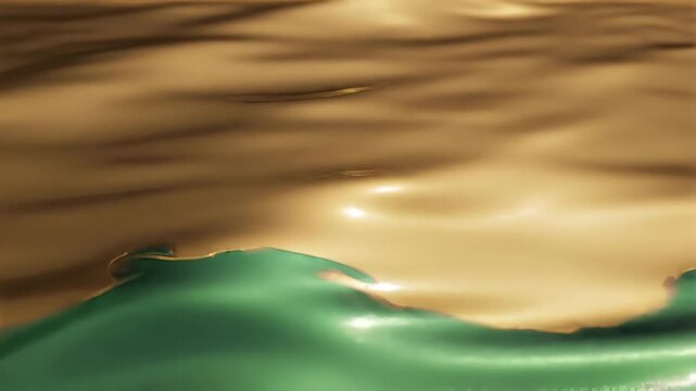 Green and gold fluid wave colliding with two tone liquid surface flowing loop