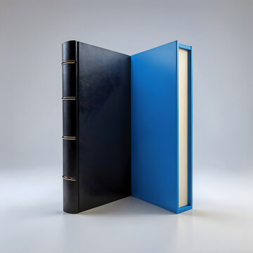 An open leather-bound book with blank pages stands adjacent to a vibrant blue cover, symbolizing knowledge, discovery, and the gateway to new ideas.