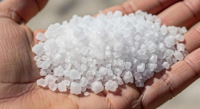 Adult hand holding a pile of white coarse sea salt crystals. Natural food ingredient for cooking and seasoning. Close-up shot