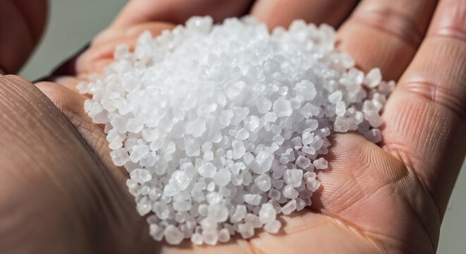 Close-up of a human hand holding a pile of white sea salt crystals. Natural ingredient for cooking and seasoning food. Coarse granular texture