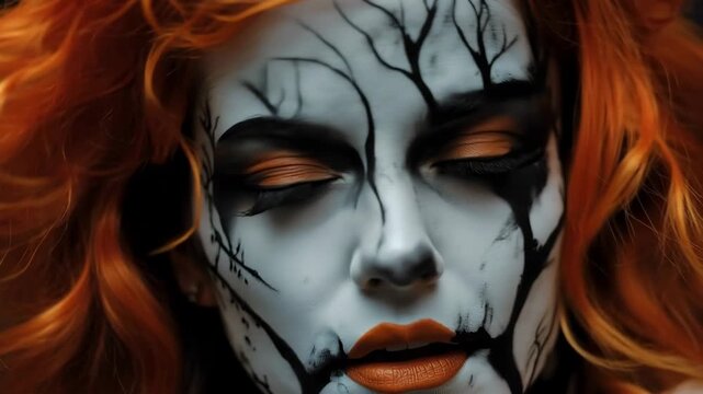 Redhead woman with eerie Halloween face makeupwhite skin marked by dark vein like treesslowly opening her eyes and staring into the camera, spooky beauty portrait