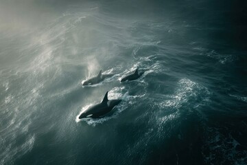 Fototapeta premium Three Orca Whales Swimming in Ocean Waves