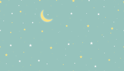Fototapeta premium Seamless starry sky pattern with crescent moon on soft teal background, cute night vector design