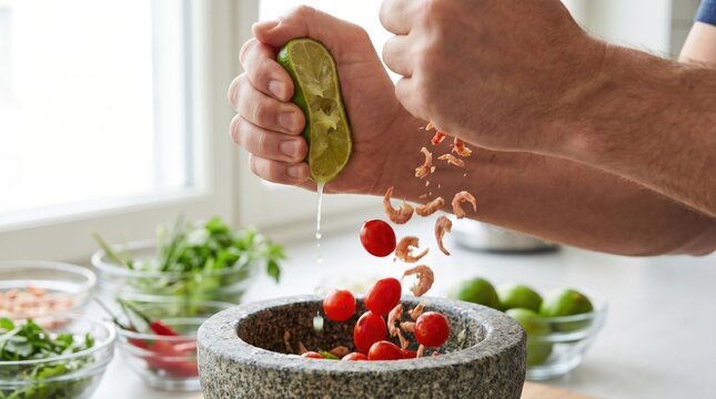 Hands squeezing fresh lime juice over cherry tomatoes and dried shrimp falling into a stone mortar