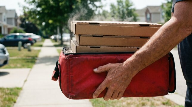 Delivery driver carrying a red insulated thermal bag filled with hot stacked pizza boxes on a sidewalk