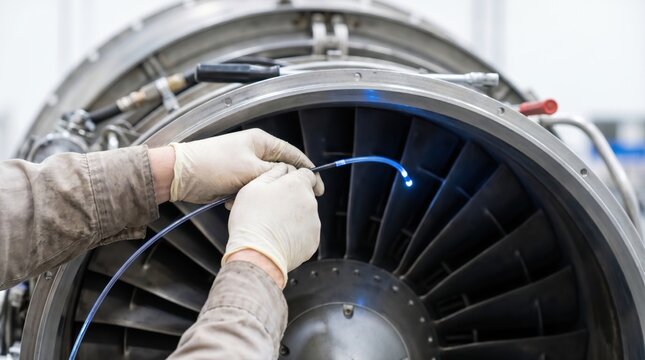 Aviation engineer wearing gloves feeding an illuminated blue flexible borescope into a large jet engine turbine