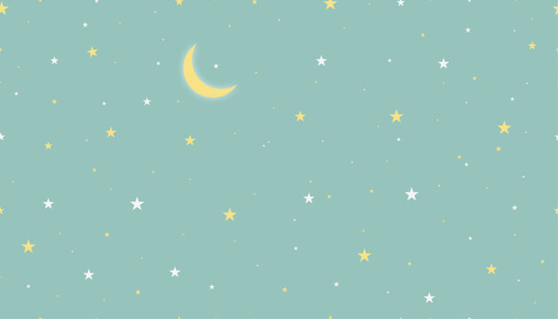 Seamless starry sky pattern with crescent moon on soft teal background, cute night vector design