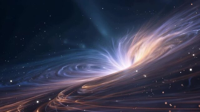Colorful wormhole pulling in and bending spacetime with flying stars, representing a journey through a black hole for a futuristic and abstract cosmic background with gravitational distortion